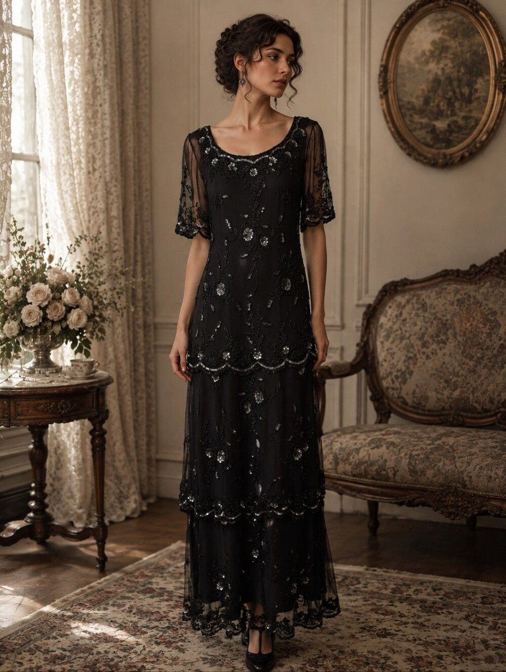 Vintage Stenay Edwardian Tiered Beaded Mesh Short Sleeve Gothic Gown Size 16